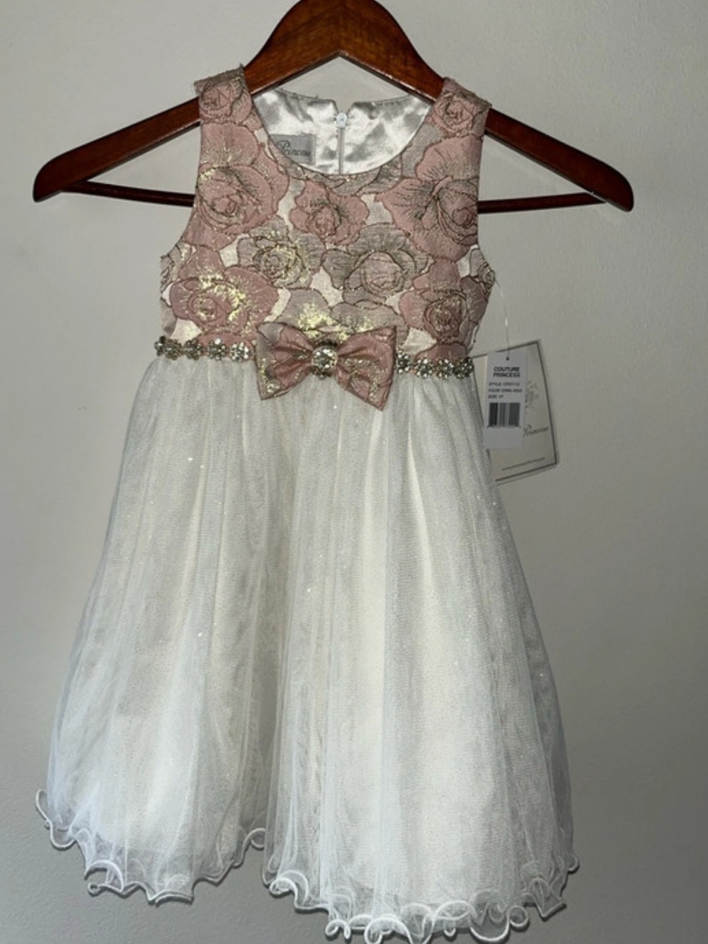 Girls Pink Floral Bodice and Ivory Tulle Party Dress with Bow